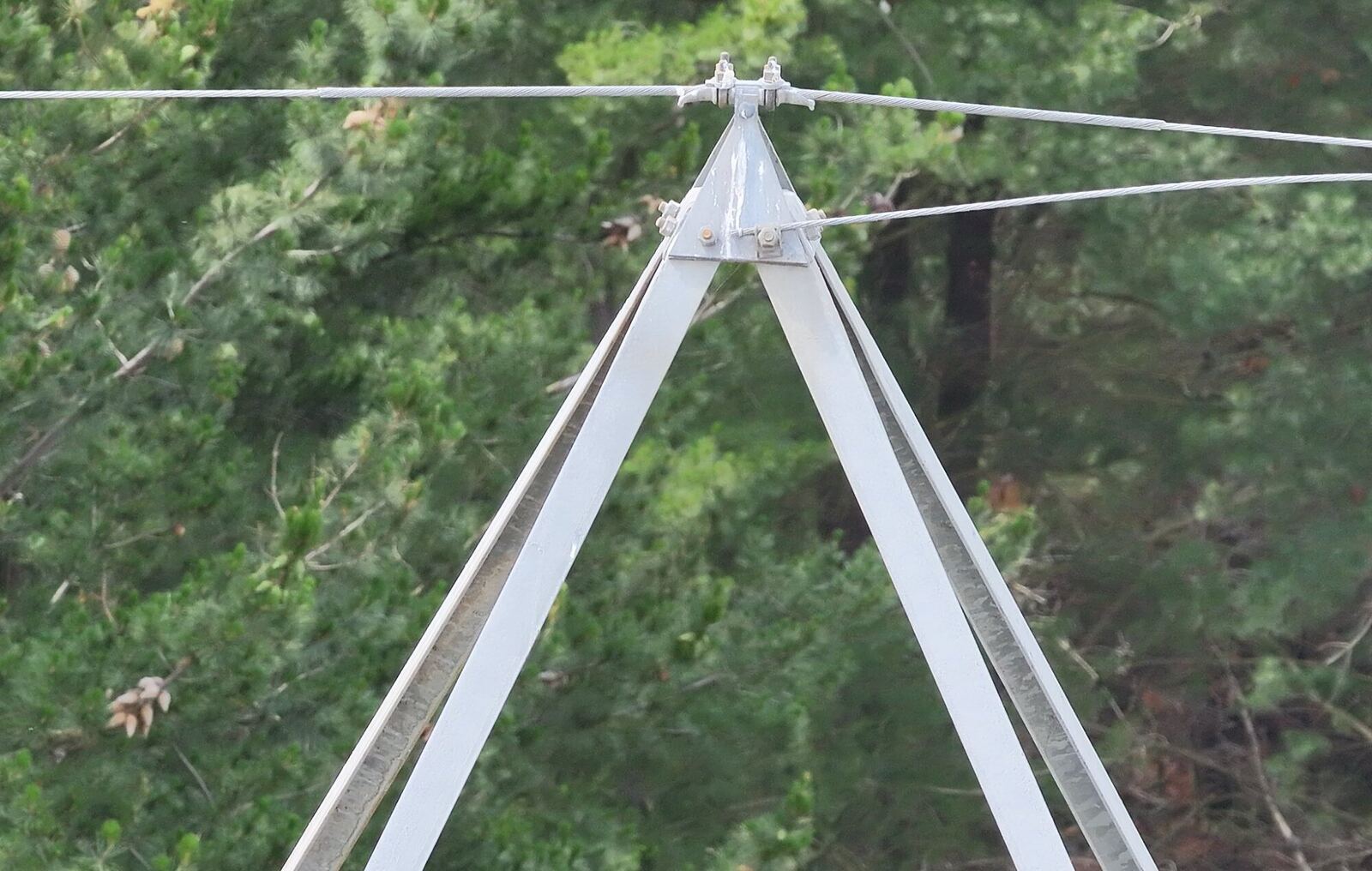 Torre de transmisión eléctrica con bosque de fondo, vista de inspección con dron